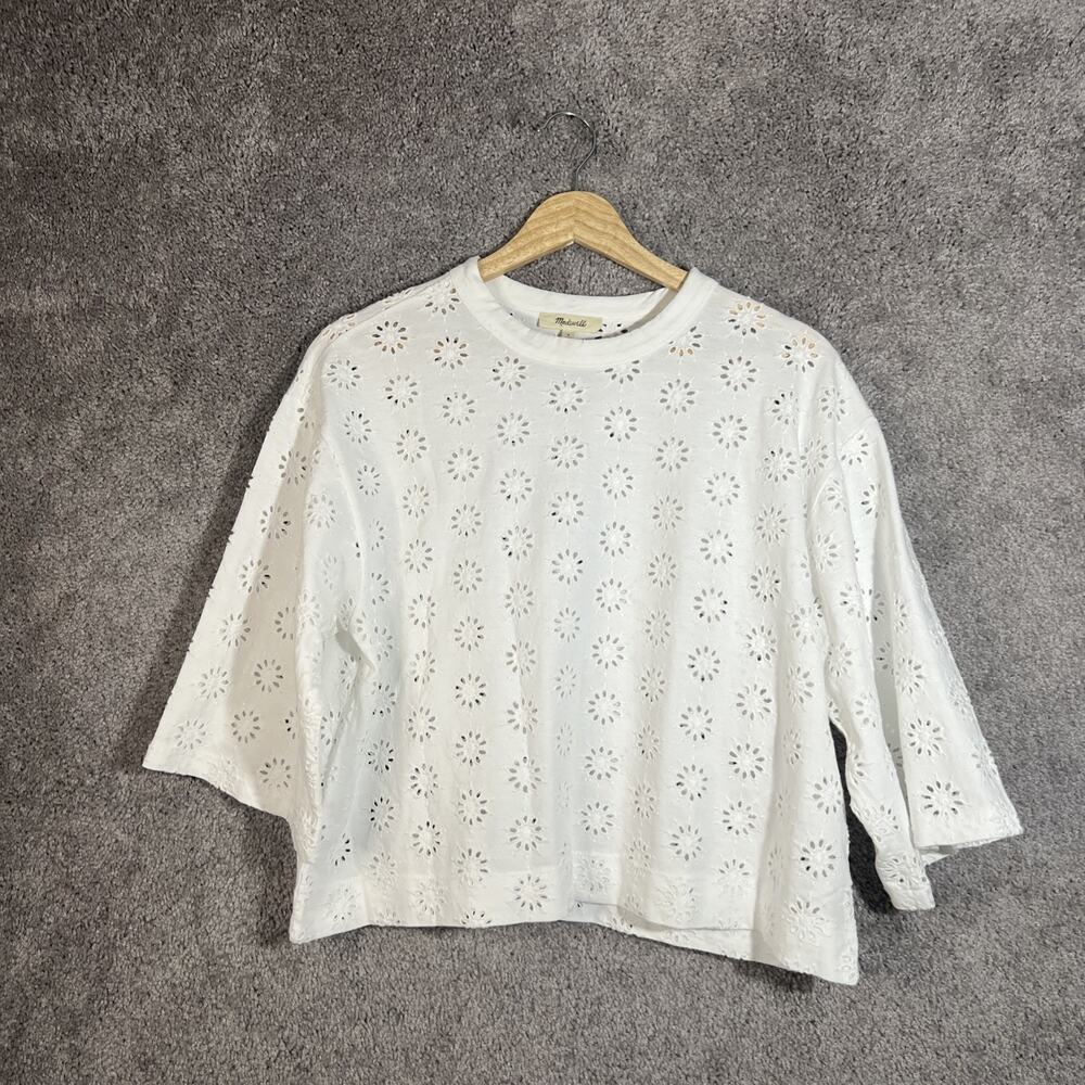 Madewell Womens 2XS Top White Cotton Embroidered Half Sleeve Blouse Shirt
